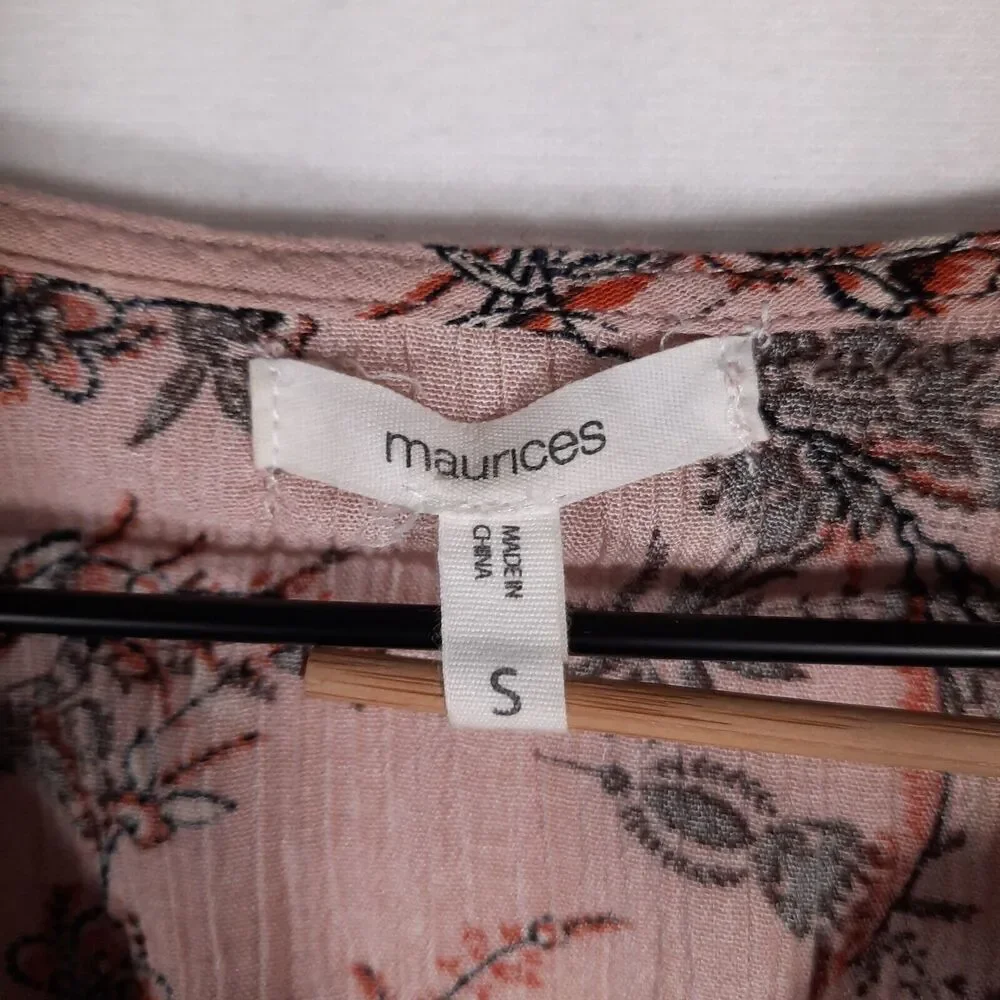 Maurice's Ruched Front Romantic Boho Gauzy Peplum Blouse Pink Floral Size Small - Picture 7 of 12